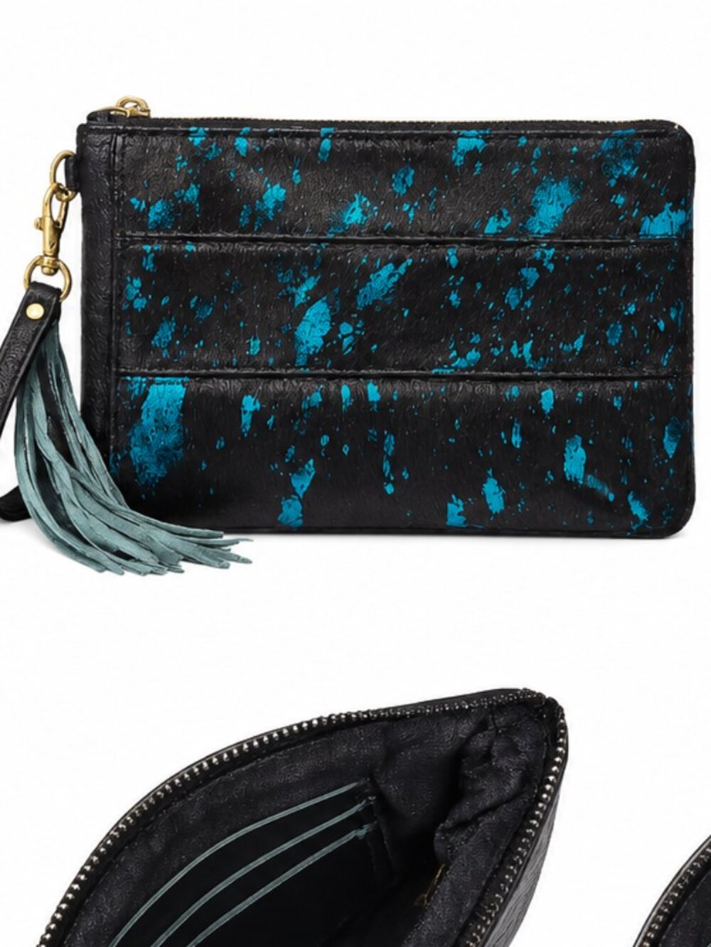 Genuine Leather Hair-On-Hide Wristlet Clutch Black & Metallic Teal Tassel